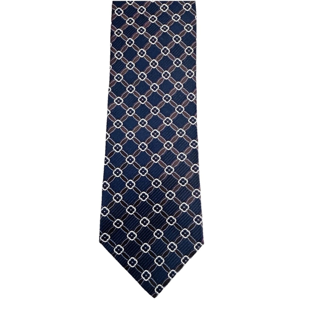 John W. Nordstrom Silk Mens Tie Blue Brown White Geometric USA 3.5"x63"